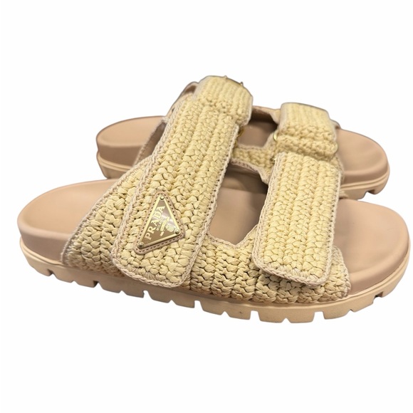 Prada Fussbett Raffia Double Band Tan Woven Slide Sandals - Picture 13 of 16